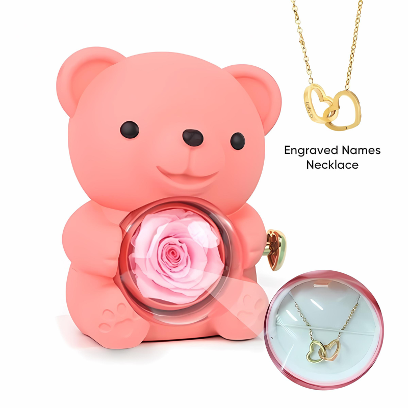Eternal Bear With Engraved Necklace & Real Rose
