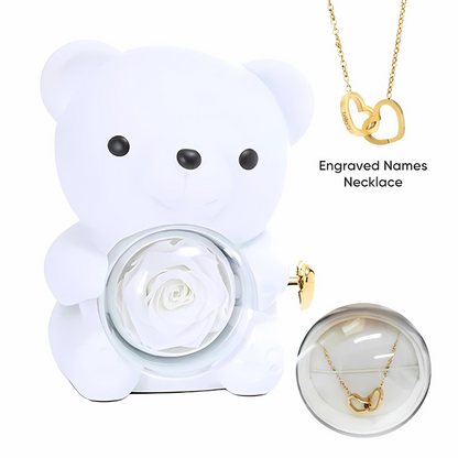Eternal Bear With Engraved Necklace & Real Rose